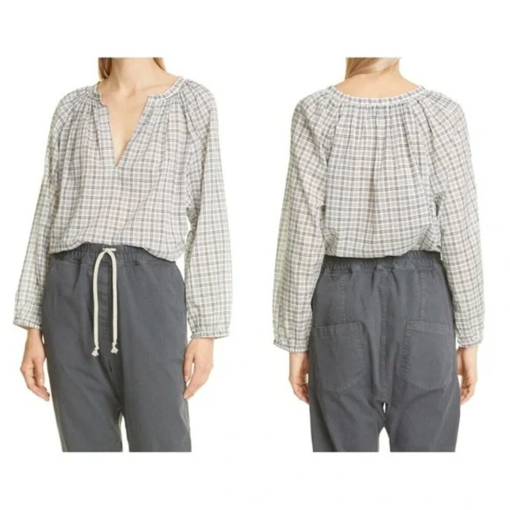 NWT Nili Lotan Brooke Check Plaid Cotton Blouse Top Shirt Size Small Grey White